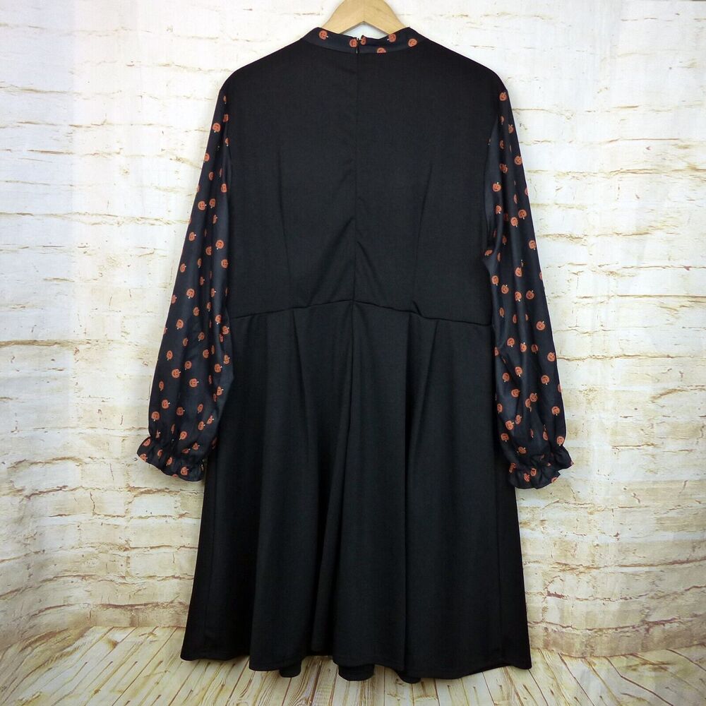 Pumpkin Print Halloween Dress Womens 4XL Black Contrast Long Sleeves Tie Neck - Picture 8 of 14